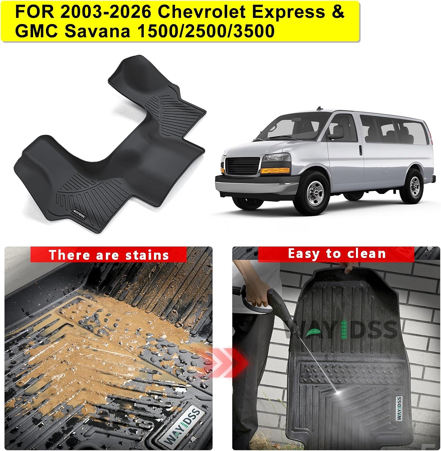 Floor Mats for 2003-2025 2026 Chevrolet Express & GMC Savana 1500/2500/3500,TPE All Weather Protection Chevy Express Front Row mat, Black mat Accessories