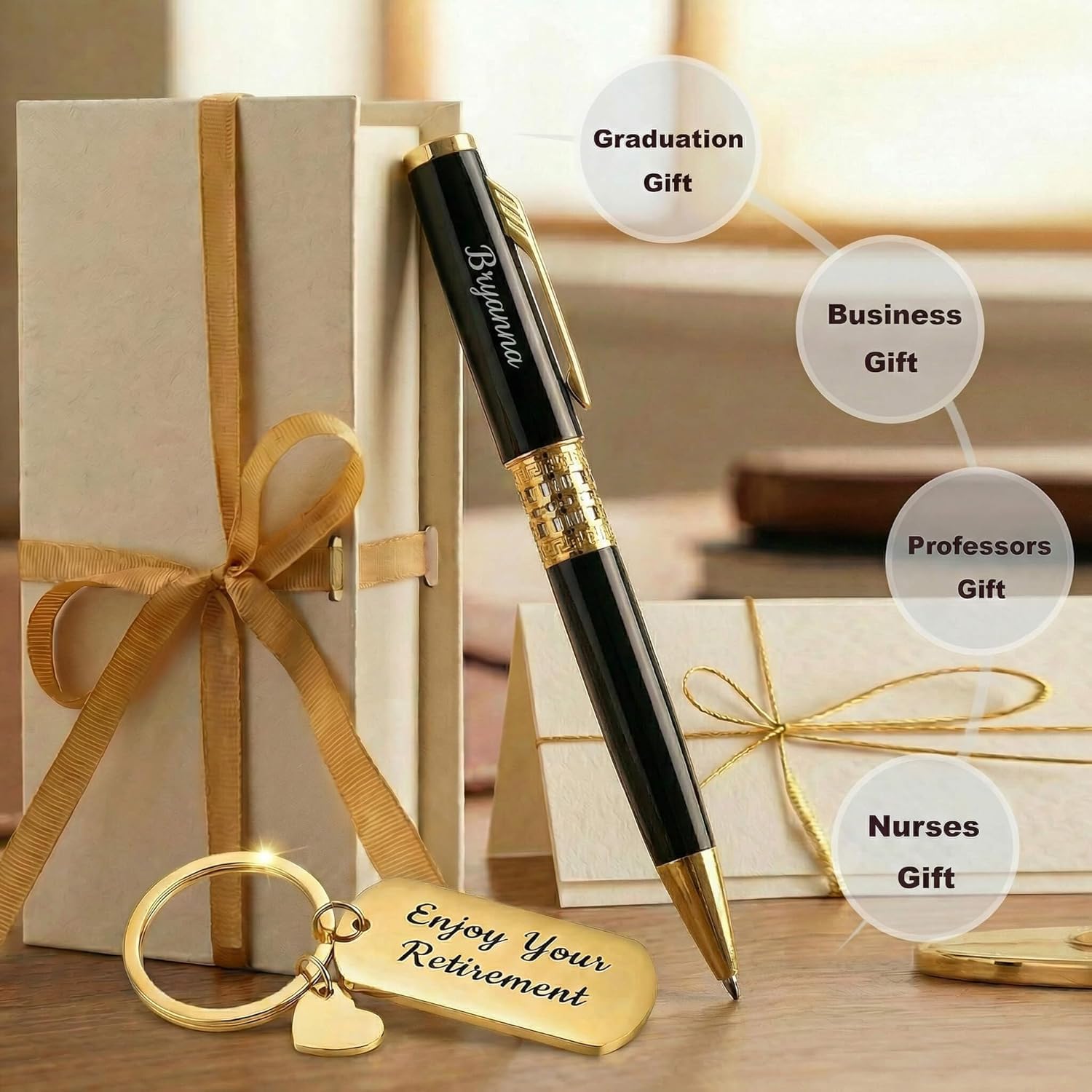 Yastar Personalized Office Pen with a Custom Keychain, Luxury Gift Engraved with your Message Names Company Names Phone Number Gift for Colleague Friends Business Employees