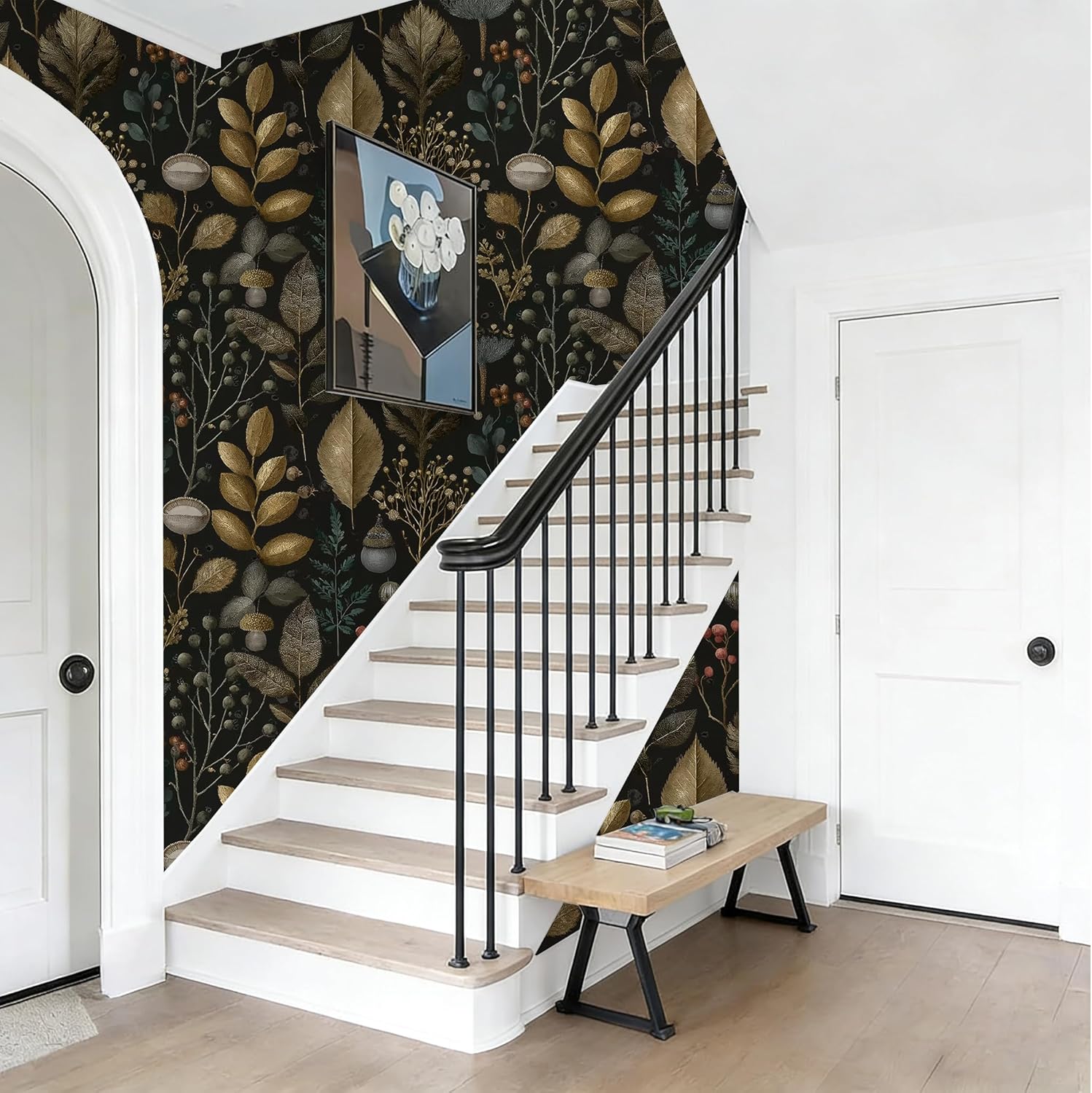 Peel and Stick Wallpaper - Dark Backdrop Gilded Foliage & Berries, Removable Luxe Vintage Mural for Living Room & Bedroom, 17.7x118 Inch