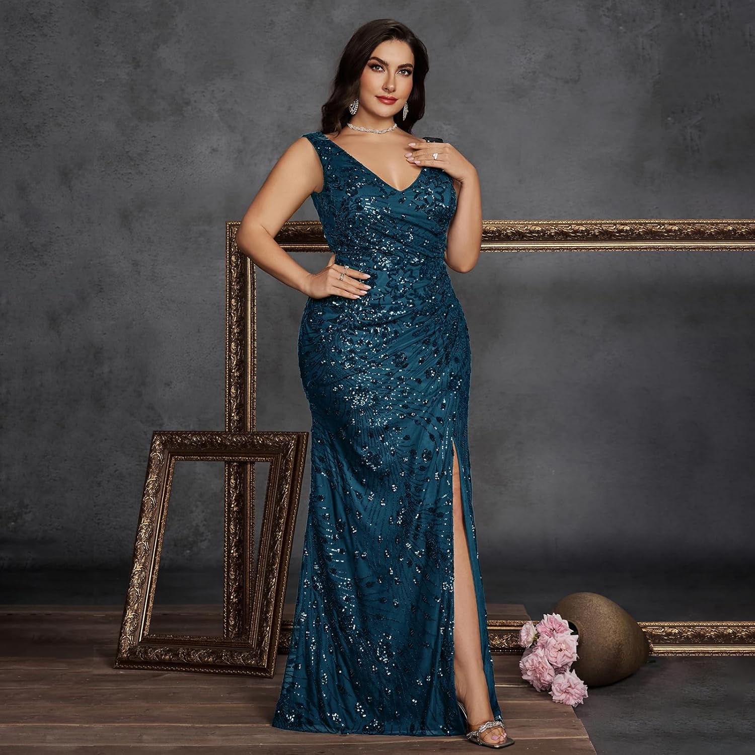 Plus Size Cocktail Dress for Women, Sleeveless V-Neck and Ruched with Split Maxi Wedding Guest Dress - Image 4