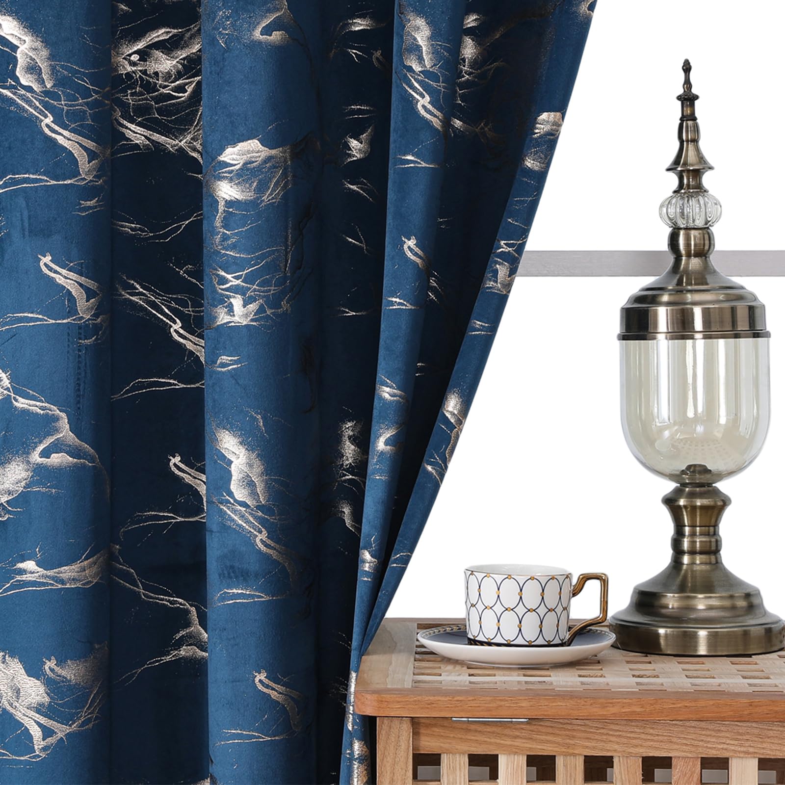 Gazal Vole Navy Blue Gold Foiled Curtains - Abstract Metallic Marble Printed Drapes, Soft Velour-Feel Eyelet Curtains, 85-90% Room Darkening for Living Room & Bedroom, 2 Panels-W55 x L63 inch