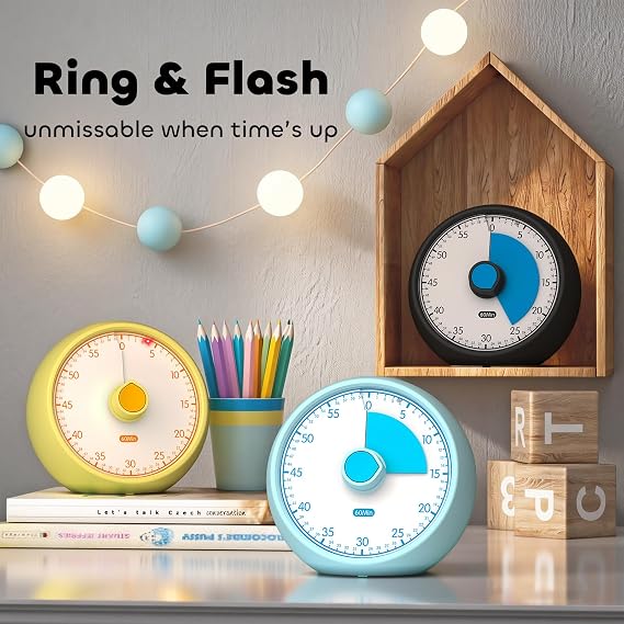 Conchstar Visual Timer for Kids - Silent Timer Analog 60-Minute Countdown for Classroom Learning, Teachers, Children with ADHD/Autism, Homeschooling (Blue)