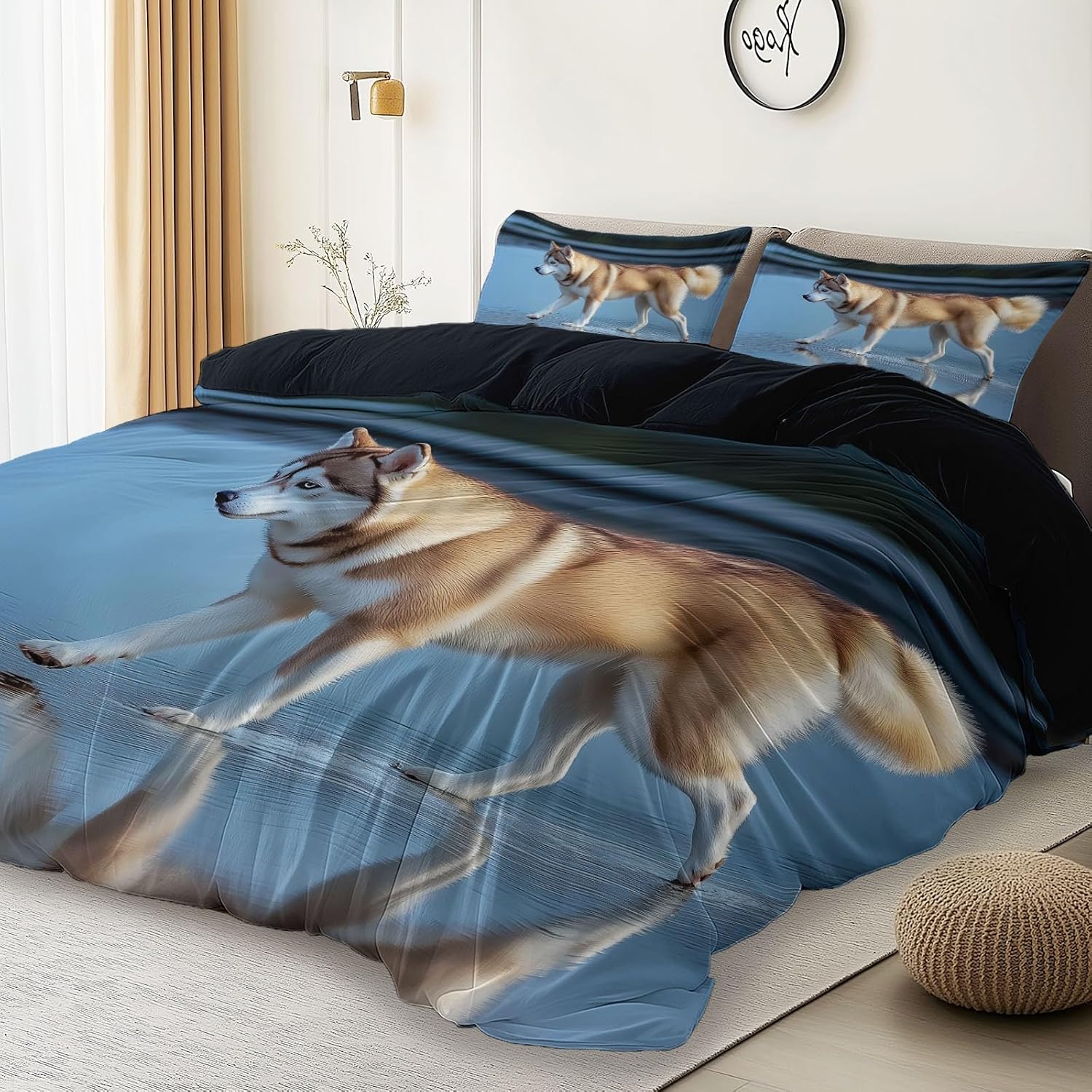 2PCS Black Duvet Cover Set, Animals Husky On Ice Pattern Bedding with Zipper Closure, Duvet Cover Twin Size Print for Girls Kids and Teens Home Décor