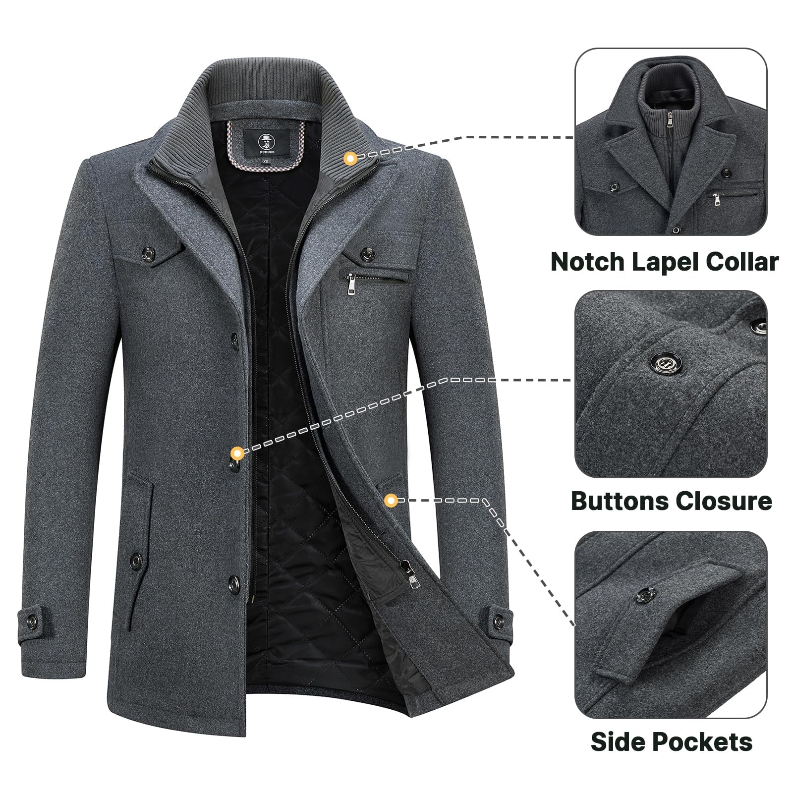 KUDORO Manteau Homme en Laine Chaud Mi-Long Hiver Trench Coat Slim Fit Classique Parka Pardessus Caban Business Duffle-Coats Coup-Vent Revers Overcoat