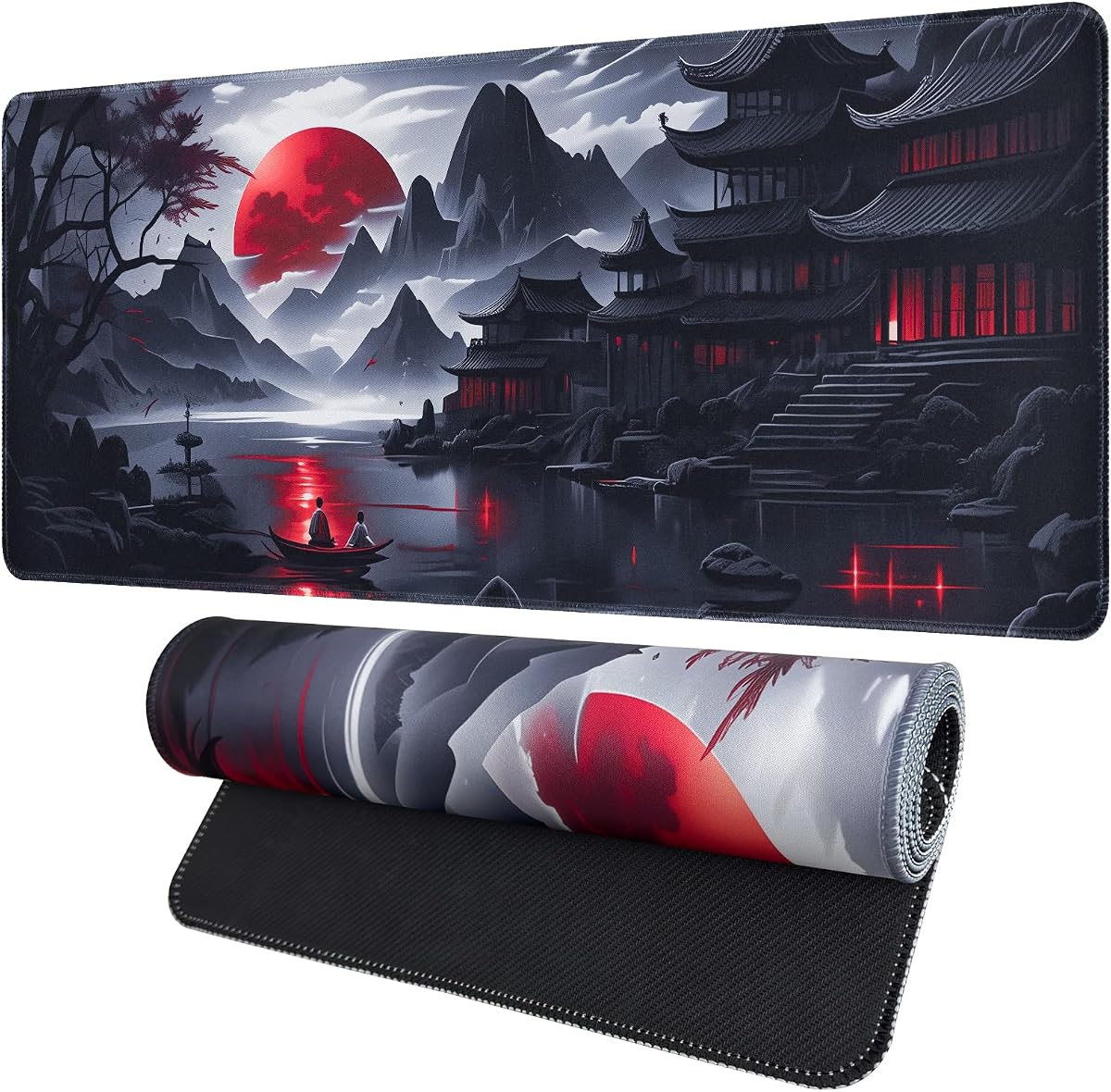 FreeNook Alfombrilla de ratón negra para teclado de juegos de 35,4 x 15,7 pulgadas, alfombrilla de ratón para ordenador, alfombrilla de ratón para juegos de anime, alfombrilla de escritorio fresca de arquitectura ampliada, alfombrilla de ratón grande japonesa de luna roja adecuada para la oficina en casa