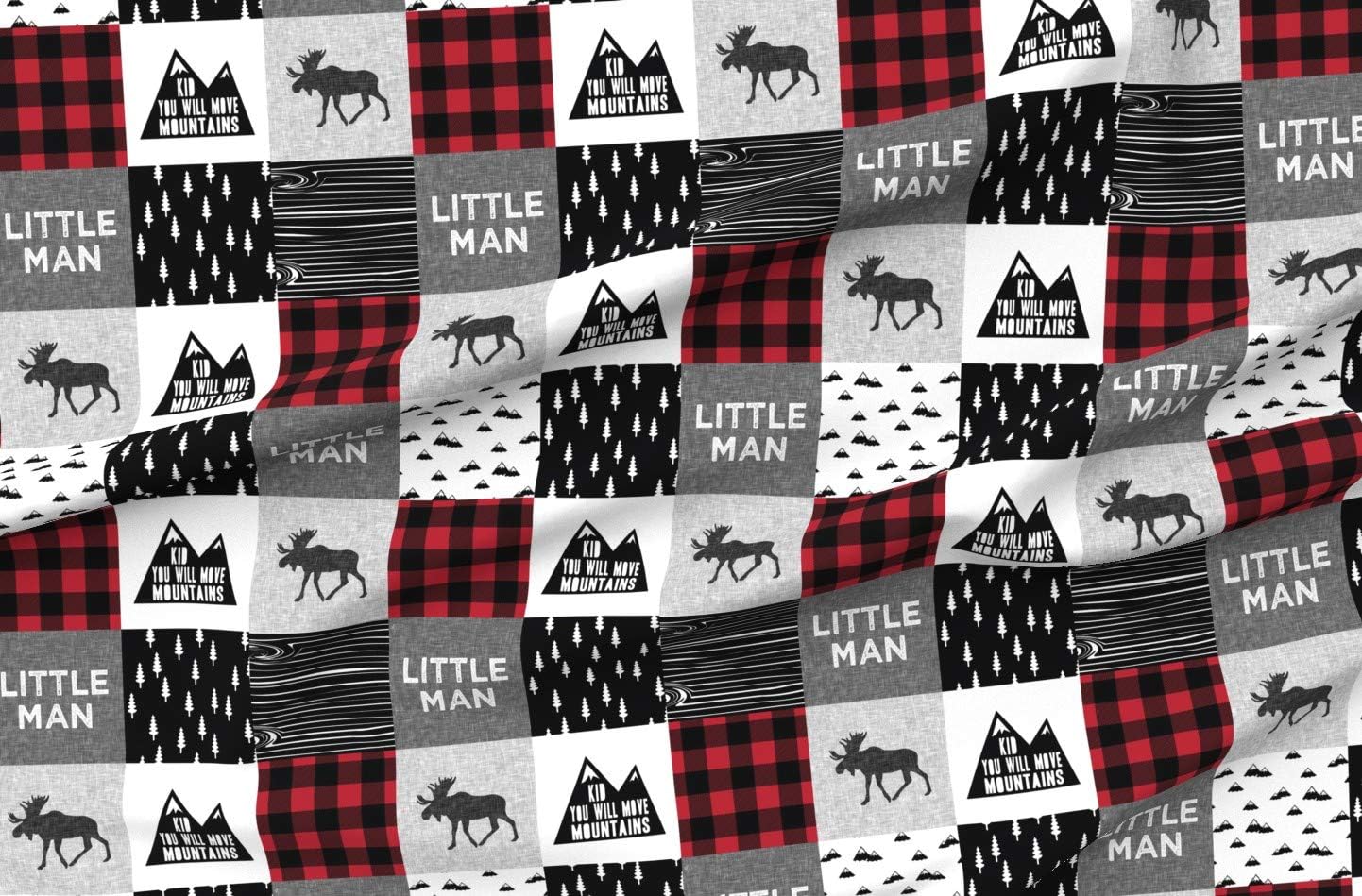 Spoonflower Fabric - Little Man & You Mountains Quilt Top Buffalo Plaid Moose Woodland Kid Printed on Organic Cotton Sateen Fabric by The Yard - Sewing Quilting Apparel Home Decor