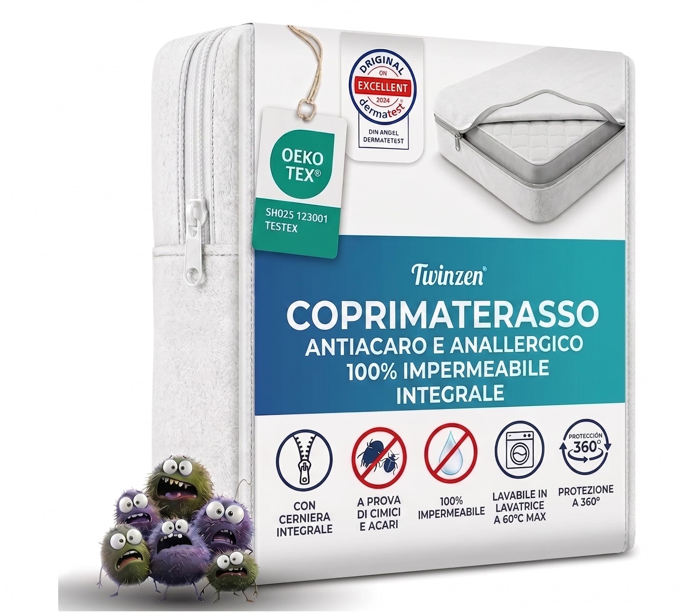 Twinzen - Coprimaterasso Matrimoniale con Cerniera - coprimaterasso 160 x 200 x 25 cm - Impermeabile, Antiacaro e Anticimici - Bi-Ome & Oeko-Tex