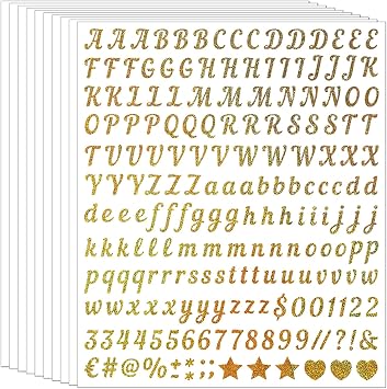 Script Style Glitter Letter Stickers, 10 Sheets 0.5-Inch Gold Alphabet & Numbers for Scrapbook, Journaling, Card Making, Gift Labels and DIY Crafts