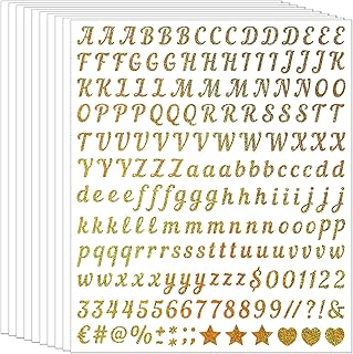 10 Sheets 0.5 Inch Gold Glitter Script Letter Stickers Alphabet Numbers