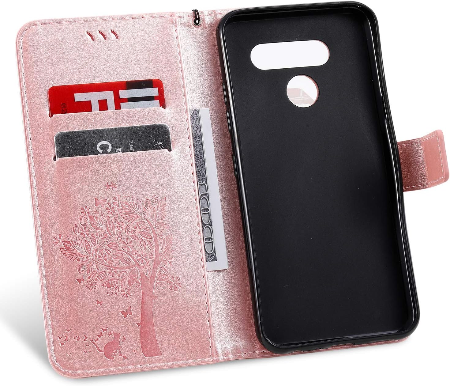 LG K51 Wallet Case,LG Q51 PU Leather Protective Case Emboss Love Tree Cat Folio Magnetic with Card Holder Kickstand Flip Case for LG K51 / LG Q51 Rose Gold