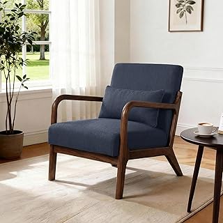 Mid Century Accent Chair, Comfy Arm Chair with Solid Wood Frame, Upholstered Modern Chair for Living Room Bedroom Waiting Room, Navy Blue