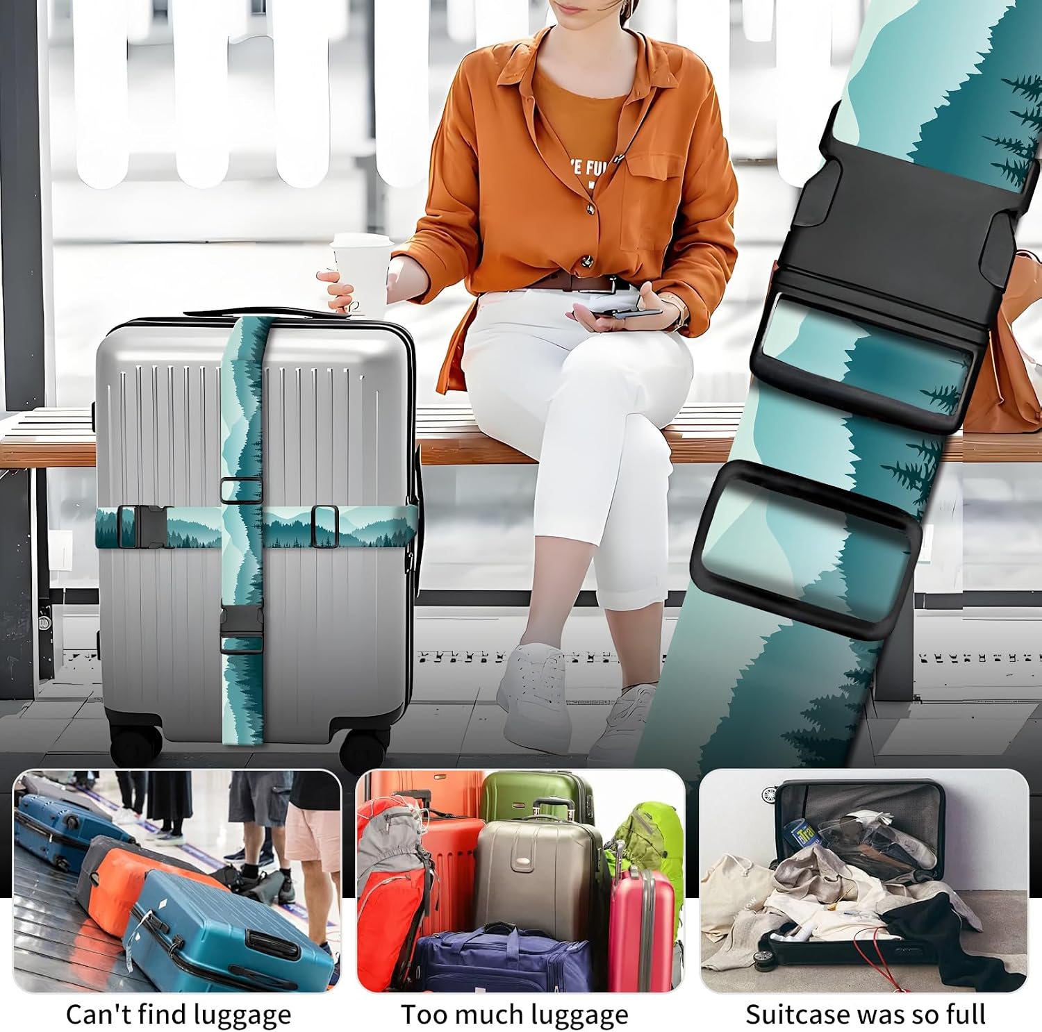 2 Pack Luggage Straps for Suitcases, Adjustable Travel Suitcase Belts, Colorful Travel Packing Straps with Quick Release Buckle, Cute Identifiers Travel Accessories Beautiful Green Mountain