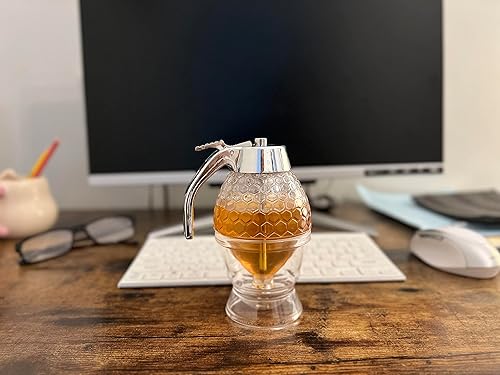 Miniatura 6 de Tarro dispensador de miel, a prueba de goteo, dispensador de jarabe de arce, atractiva maceta de miel en forma de panal - Tarro de miel con soporte,