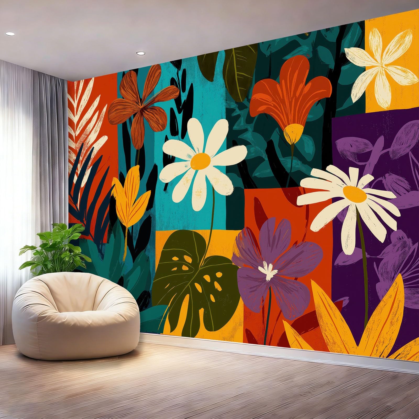 Fototapeta Tropikalne Rośliny Geometria Kwiaty Abstrakcyjne Fotografia Fototapeta Do Sypialni Pokój Dziecięcy, 300 x 210 cm Fototapeta Artystyczna, Pomarańczowo-Zielony