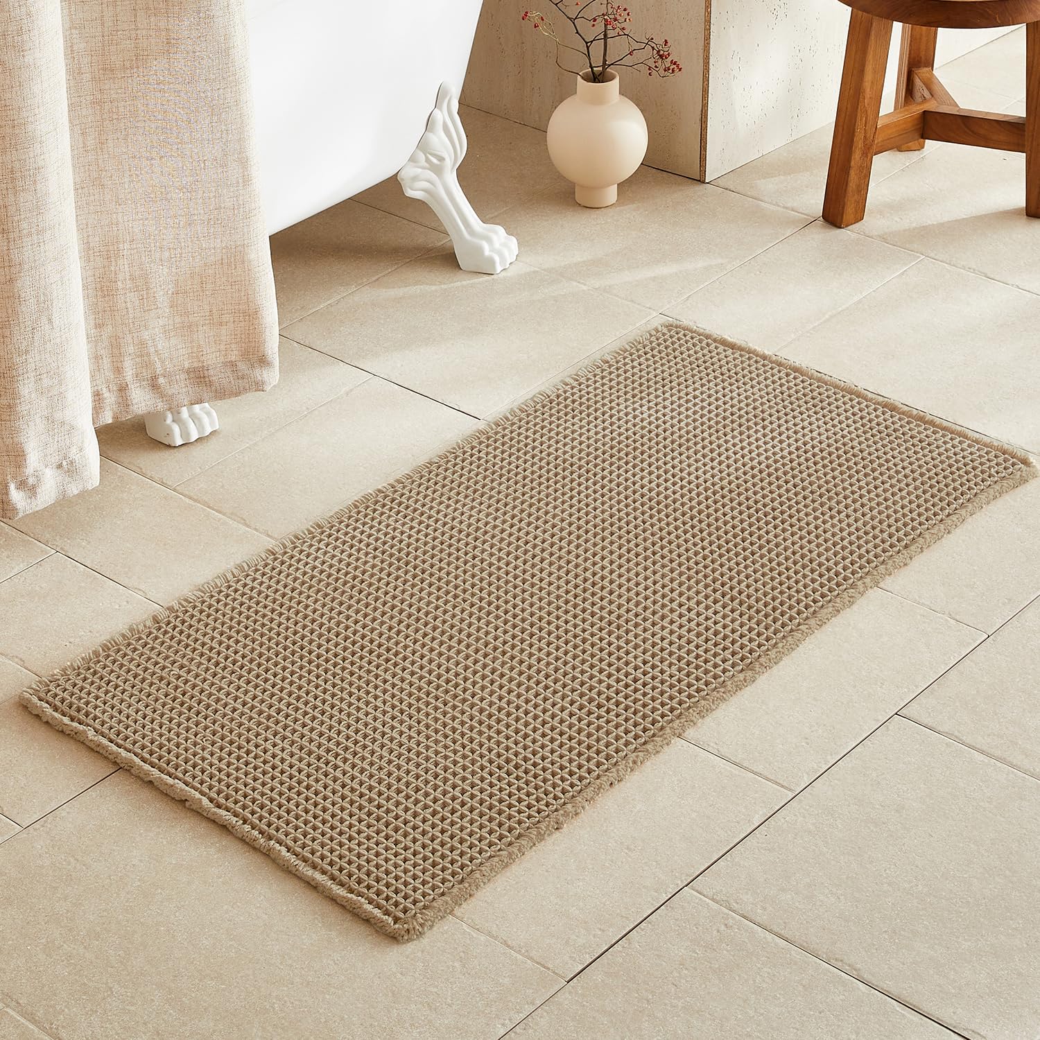 TYUU Waffle Bath Mat, Boho Bathroom Rugs Non Slip Washable, 48x24 Khaki