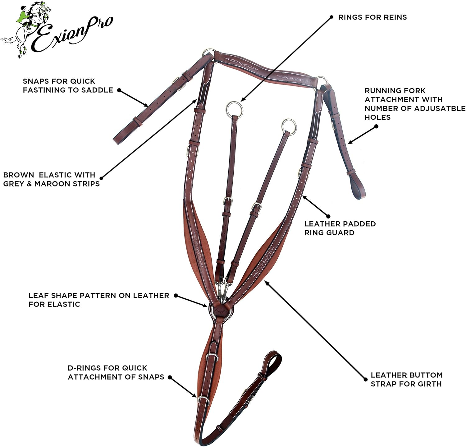 Exion Designer Horse Breastplate/English Breast Collar for Horse | Anatomical Petal-Shape Padding | Adjustable Wither Strap & Soft Calfskin Lining | Running Martingale with Snaps