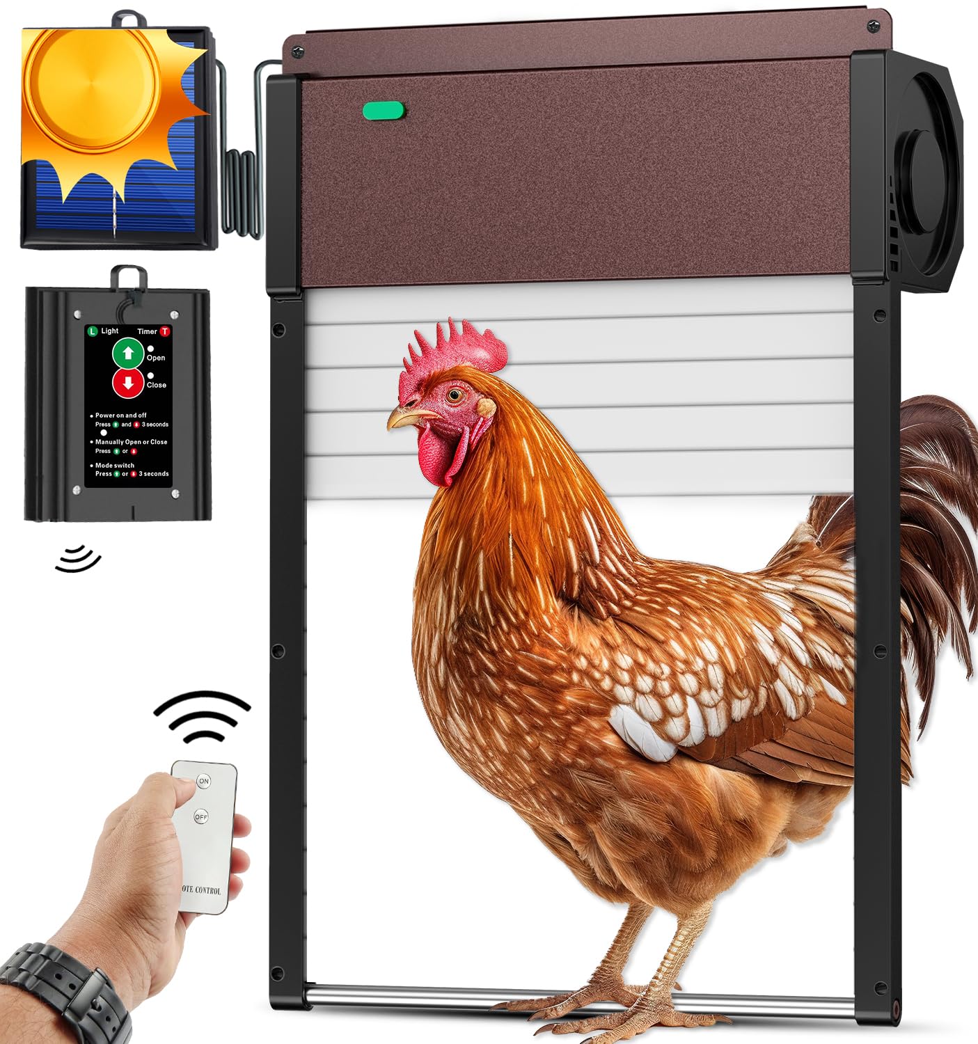 Automatic-Chicken-Coop-Door-Solar-Powered Auto Chicken Door with Remote Light Sensor Mode Anti-Pinch Function (DarkRBC-001)