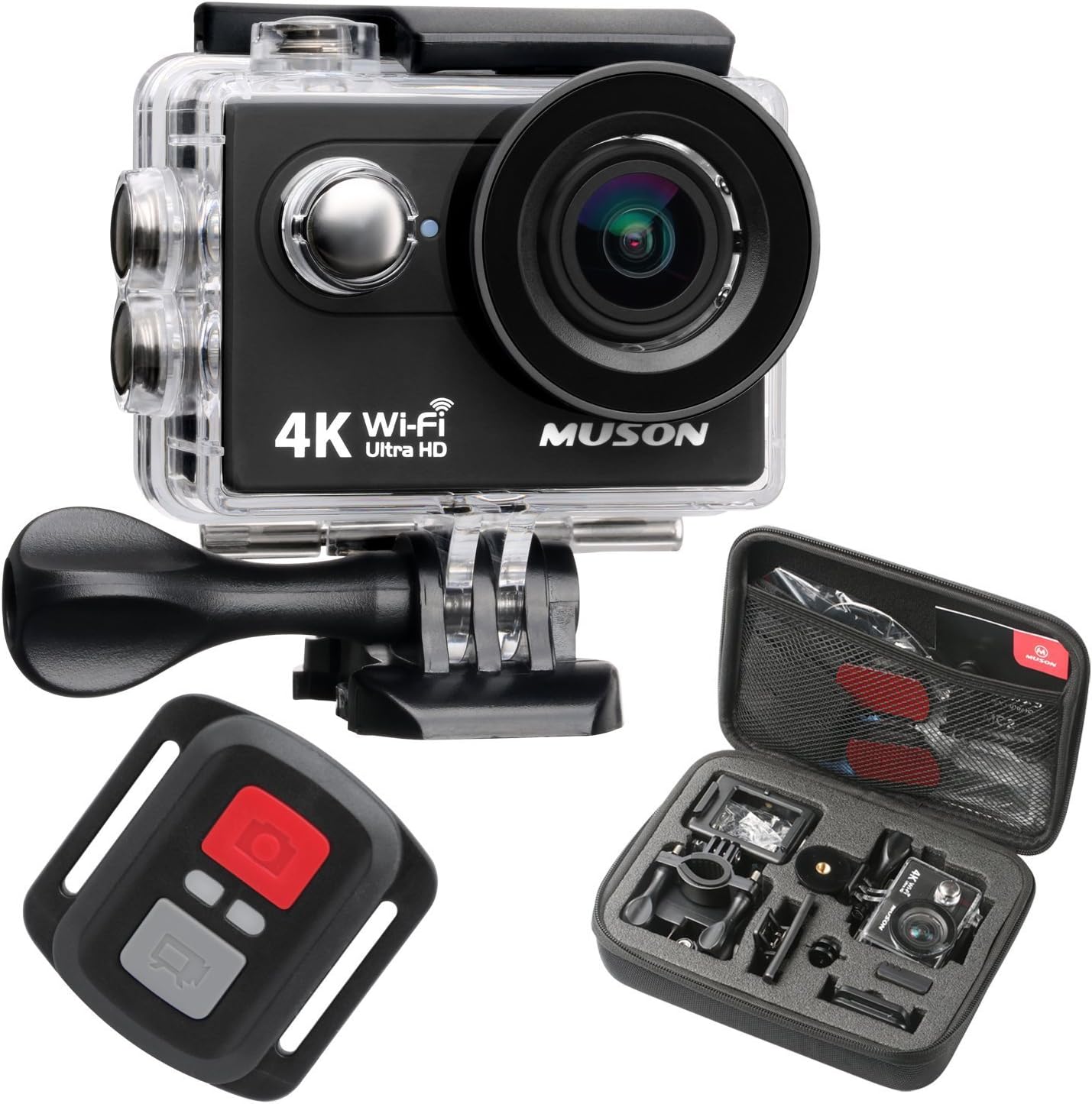 【新型】MUSON(ムソン) アクションカメラ 4K 2000万画素 手振れ補正 WiFi搭載 外部マイク対応 30M防水 自撮り棒付き 1200mAhバッテリー2個 [メーカー１年保証] 170度広角レンズ リモコン付き 2インチ液晶画面 HDMI出力 ドライブレコーダーとして使用可能 水中カメラ 防犯カメラ スポーツカメラ ウェアラブルカメラ Pro3 (手ブレ補正あり) (GERY)