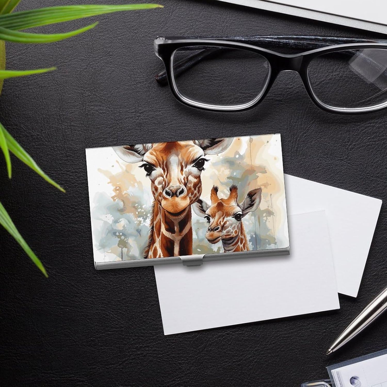 Watercolor Deer Giraffe Business Card Holder for Men Women