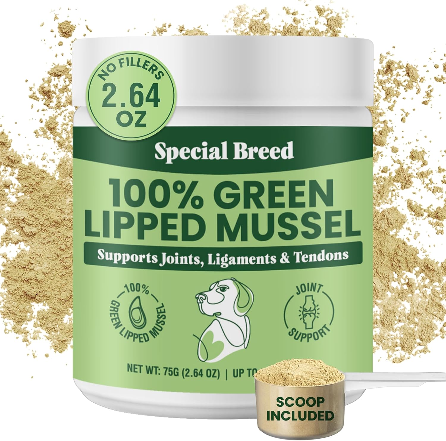 Green Lipped Mussel Powder for Dogs & Cats – 100% New Zealand Green Lipped Mussels – Natural Hip & Joint Supplement for Joints, Tendons, Ligaments, Muscles – 75 Grams – Up to 250 Servings