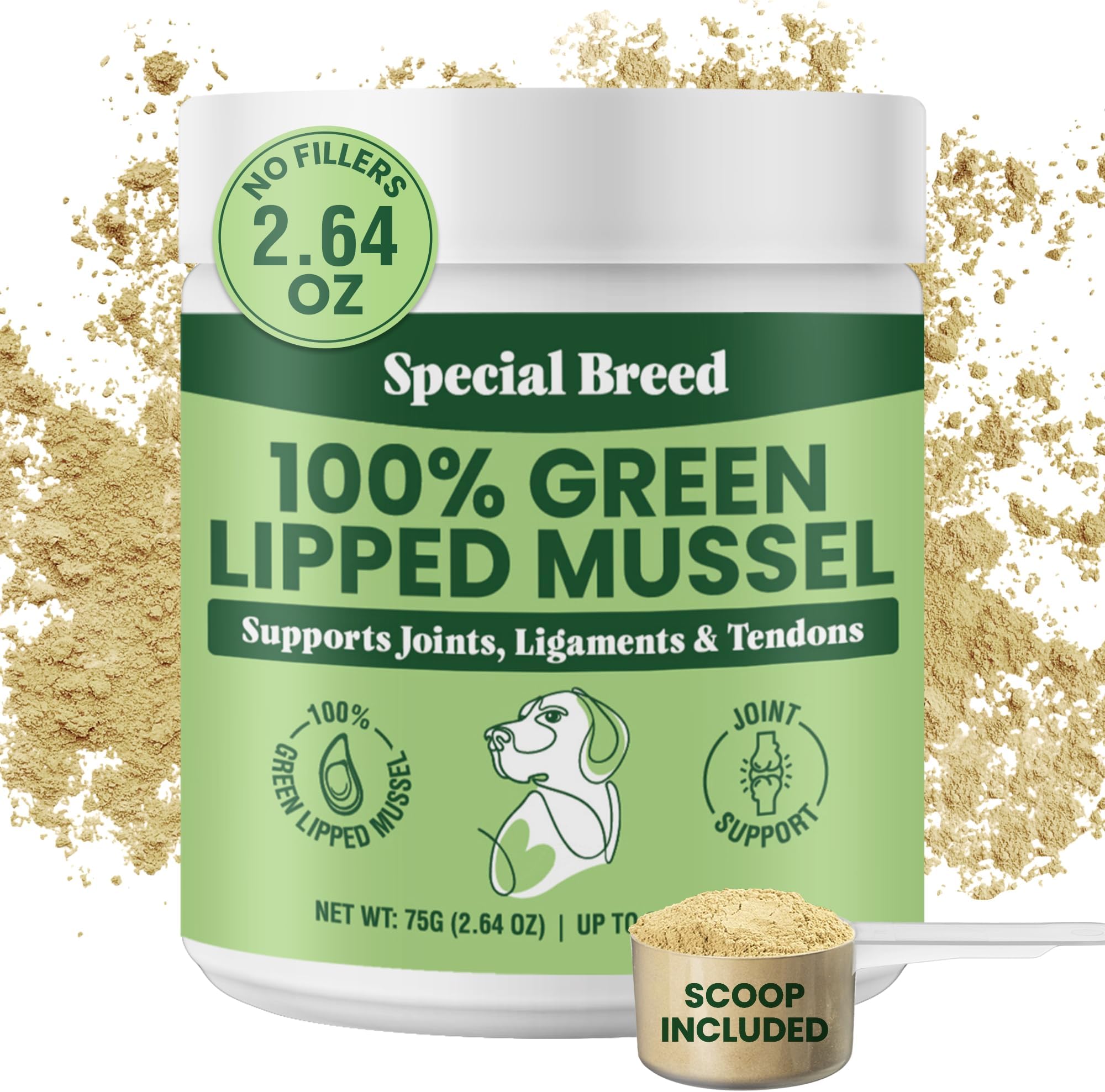 Green Lipped Mussel Powder for Dogs & Cats - 100% New Zealand Green Lipped Mussels - Natural Hip & Joint Supplement for Joints, Tendons, Ligaments, Muscles - 75 Grams - Up to 250 Servings