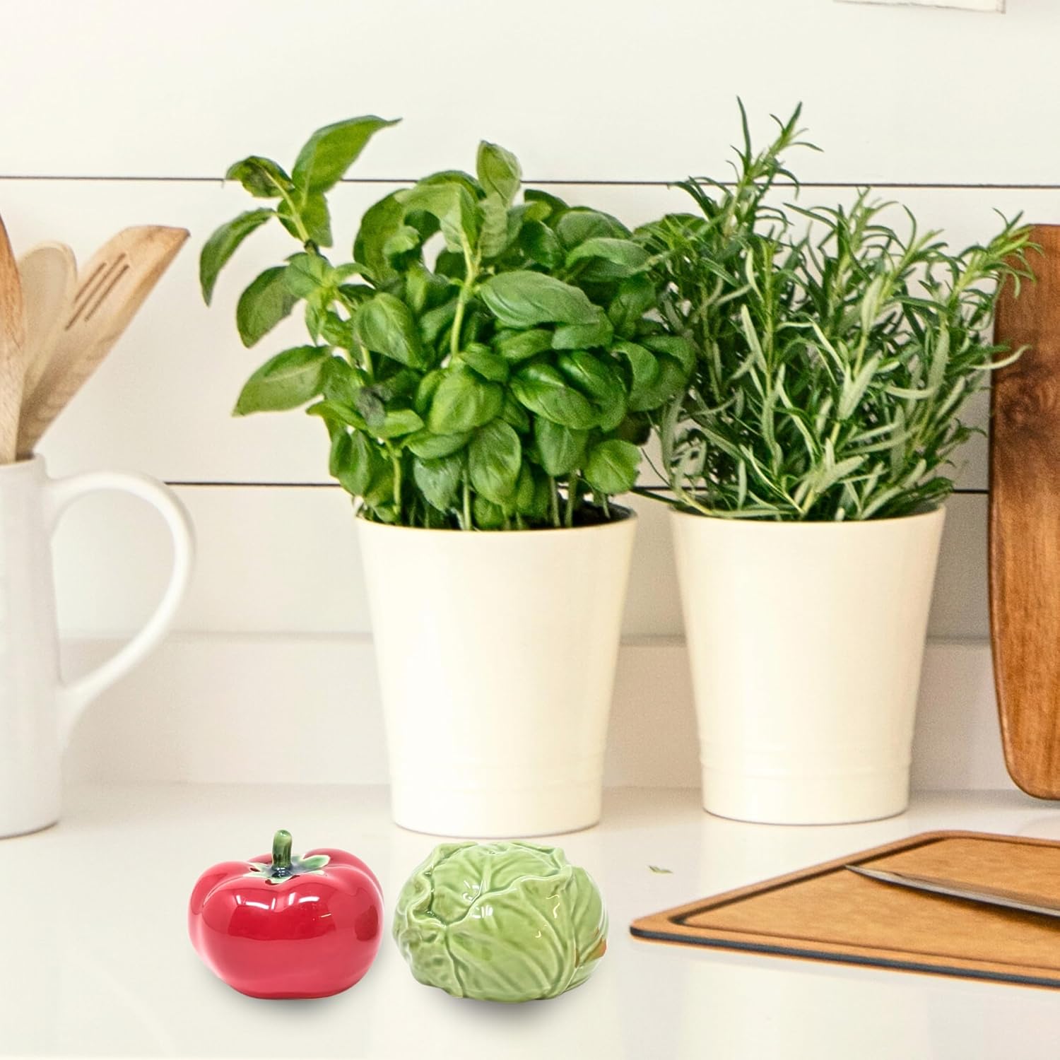 Tomato and Cabbage Salt and Pepper Shaker Set – Unique Ceramic Vegetable Design for Rustic Farmhouse Kitchen, Garden Tabletop Display, Dining Decor – Fun Gift for Chefs, Collectors, and Food Lovers