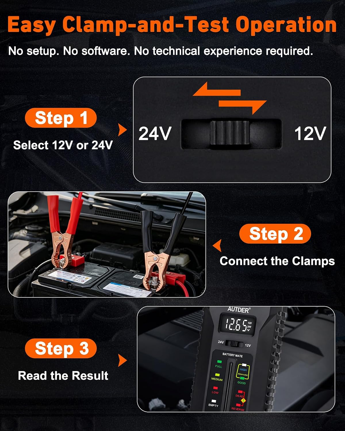 AUTDER 12V/24V Car Battery Tester, Digital Battery & Alternator Tester with LCD Display and LED Indicators, Automotive Voltage Analyzer with Reverse Protection for Cars, Motorcycles, RVs, Trucks