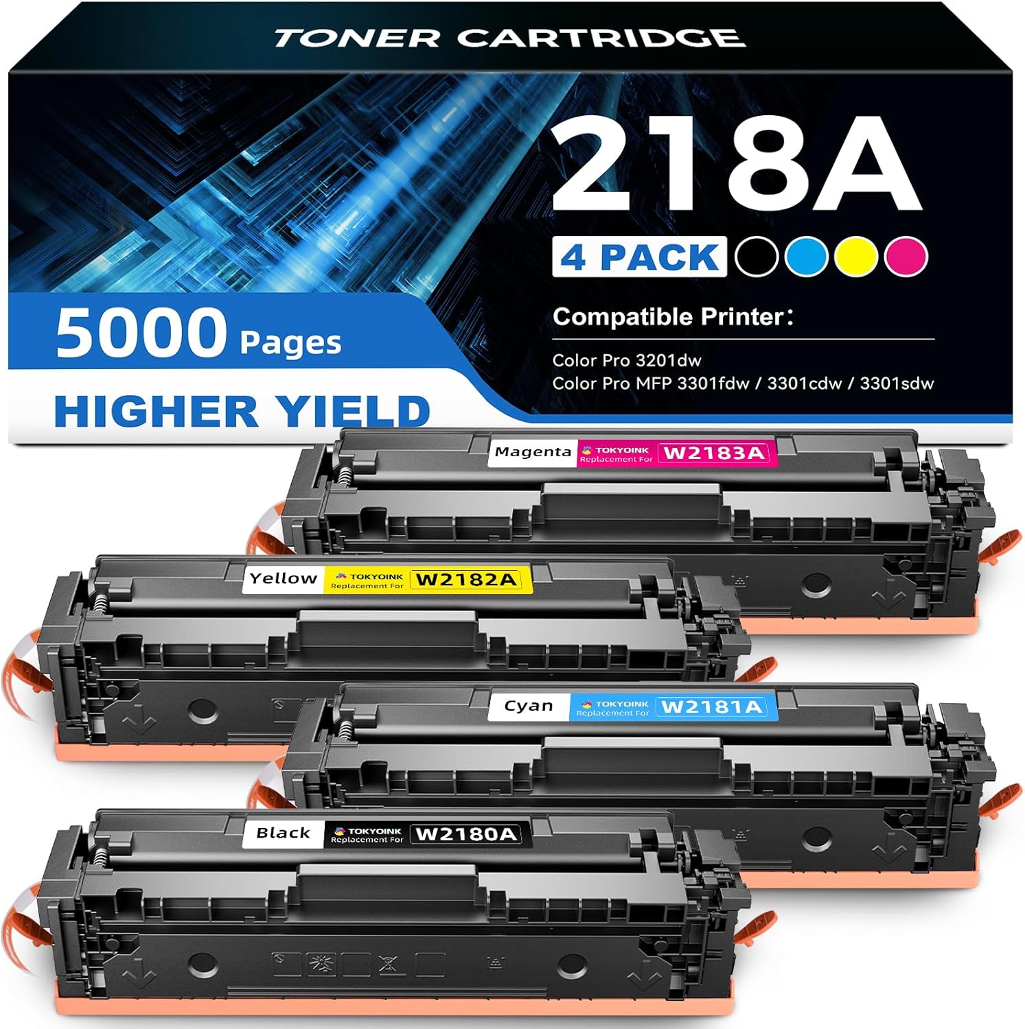 TOKYOINK 218A High Yield Toner Cartridge 3201dw Toner Replacement for HP 218A 218X Toner Cartridges 4 Pack Work with HP Color Pro MFP 3301fdw 3301cdw 3201dw 3301sdw, 3201 3301 Series Printer Ink