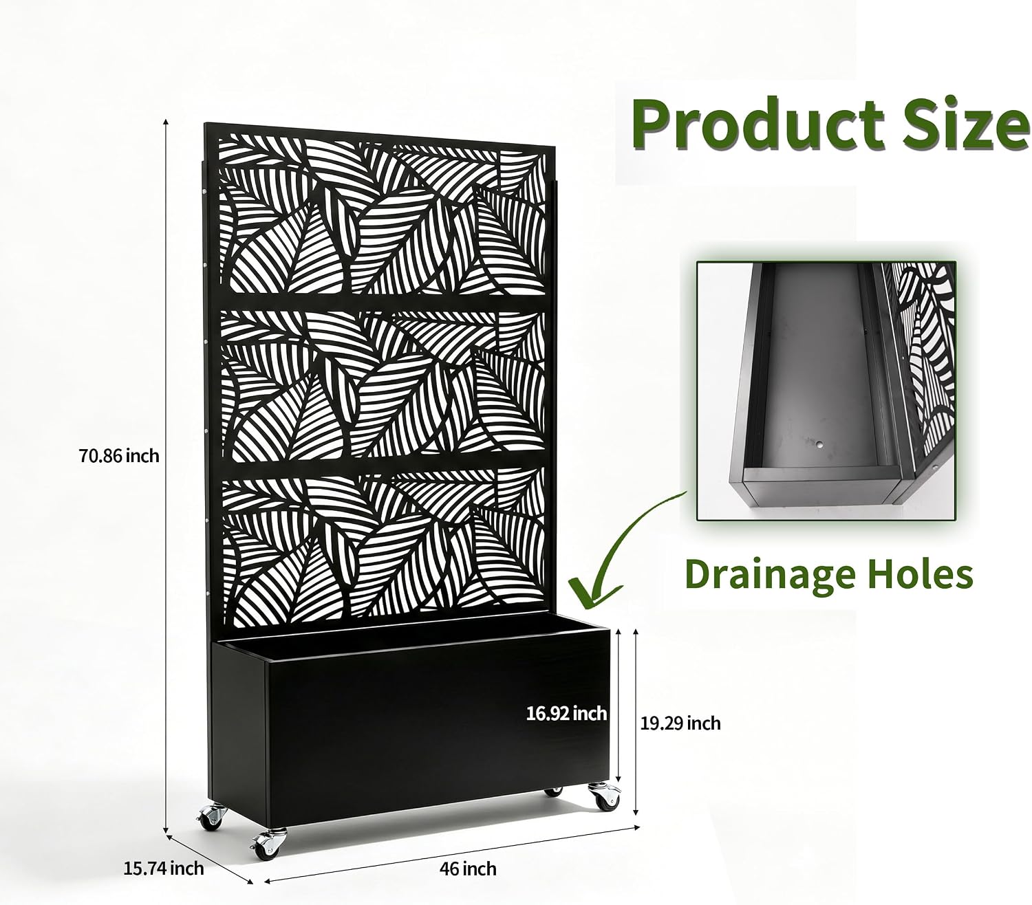ZeHuoGe Mobile Privacy Screen with Planter Box, All-in-One Garden Privacy Screen with Wheels, Metal Freestanding Decorative Fence Planter for Patio Balcony Backyard (Black+Leaf Pattern)