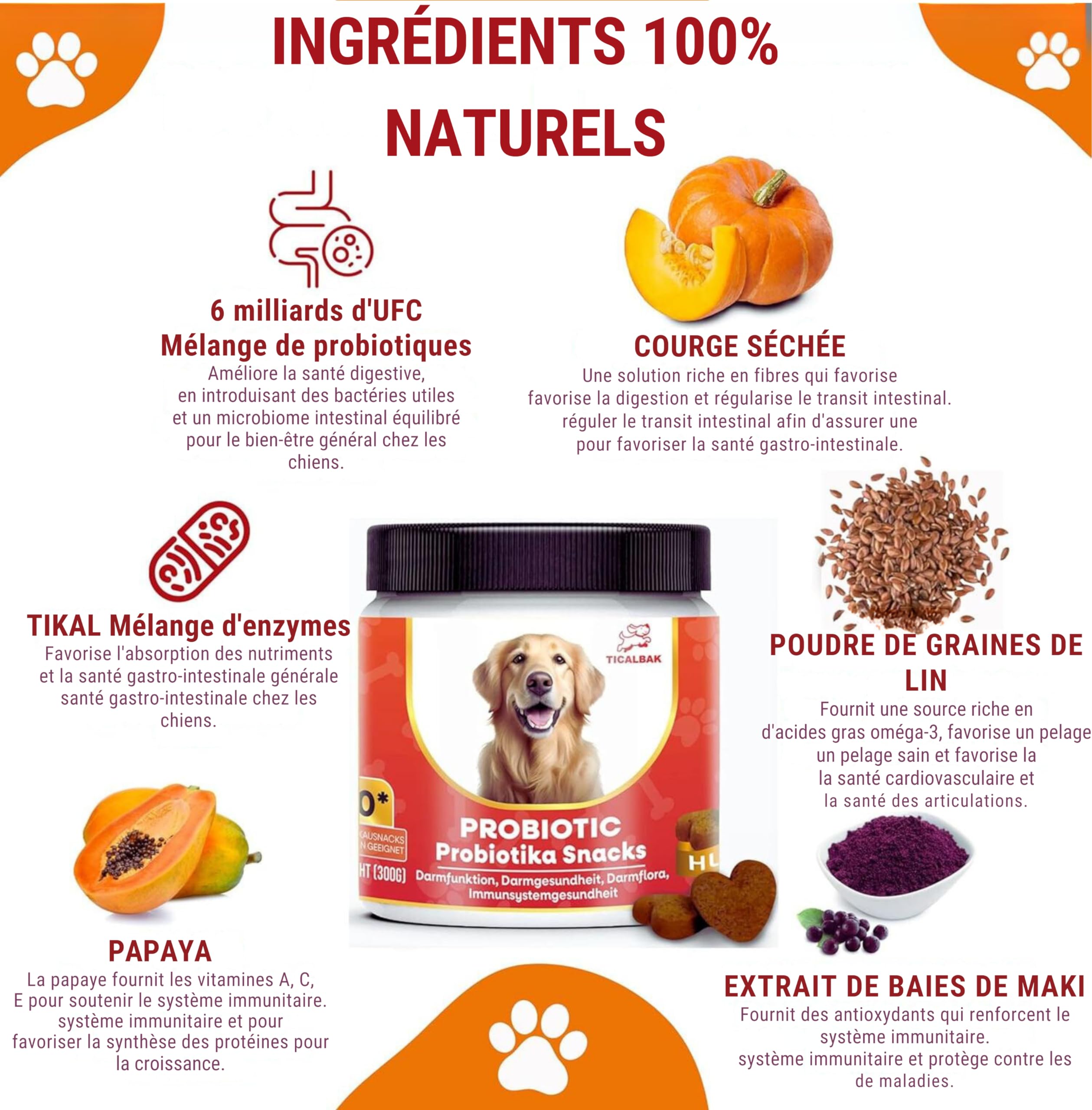 Probiotiques pour chiens - 120 collations - Amélioration de la digestion et du système immunitaire - Développement de la flore intestinale, santé digestive, ventre sensible, cire, nauséabonde et