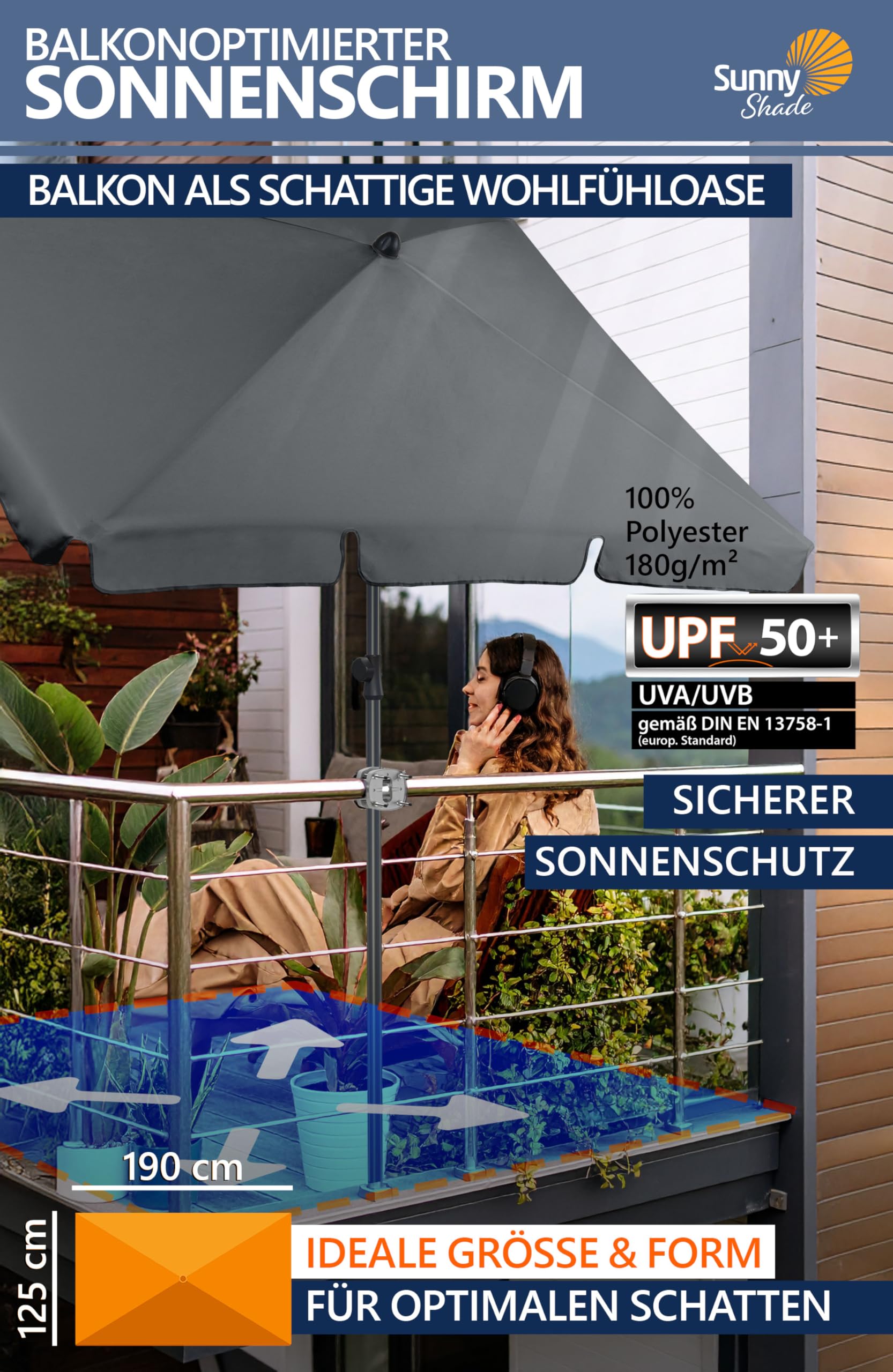 4smile Sonnenschirm Balkon 3-in-1 SET, Anthrazit