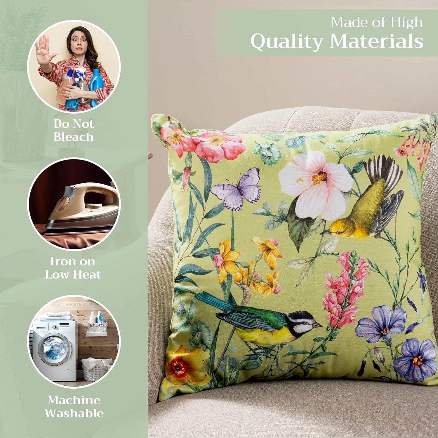 Maison d' Hermine Decorative Pillow Covers 20 x 20 inch Square 100% Cotton Throw Pillow Covers with Invisible Zipper for Living Room Couch Chair Sofas Gifts for Mothers Day - Hesperides - Oiseaux