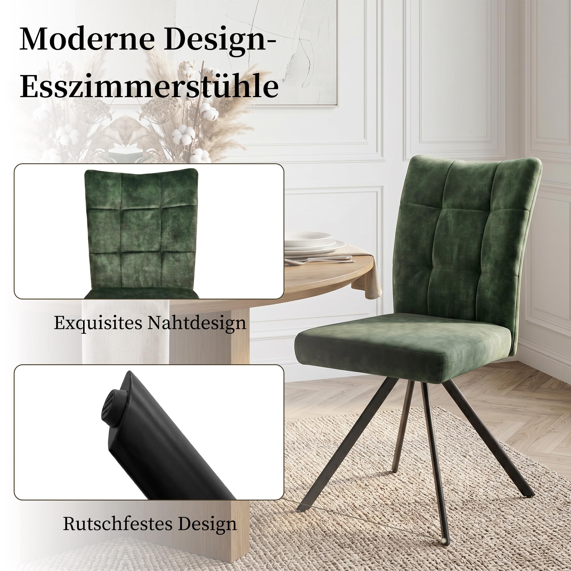HIPIHOM Esszimmerstühle 6er Set Samt mit Metallbeinen Schwarz, Moderner Polsterstuhl für Küche & Wohnzimmer, Bequeme Stühle mit Karosteppung, Design Esszimmerstühl Stuhl Belastbar bis 120kg
