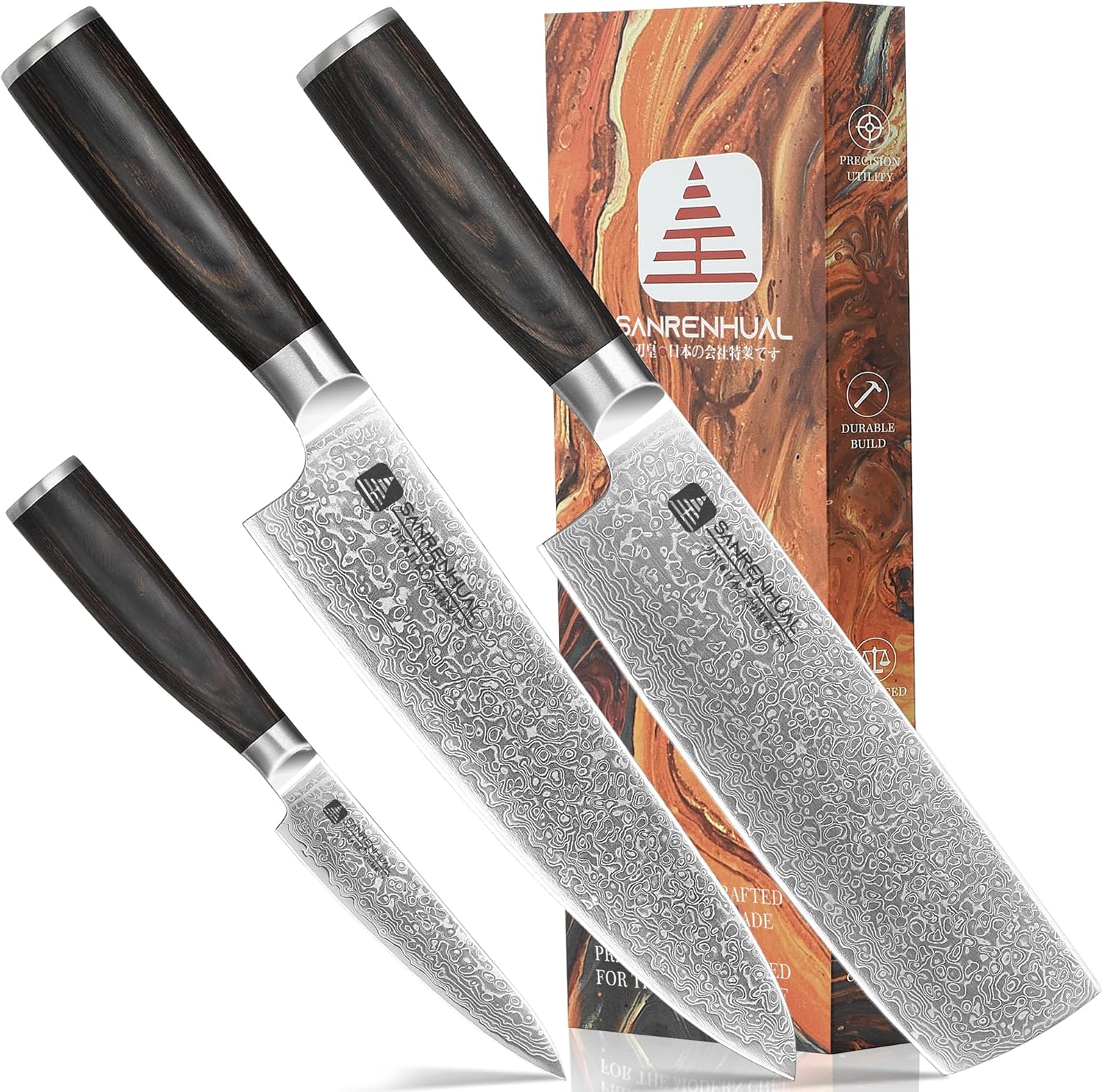 Japanese Damascus Knife Set 3 Piece, Damascus Chef Knife set 3, Forged from damascus steel Razor Sharp Professional Japanese knife set,Full Tang Handle,cooking gifts cooks