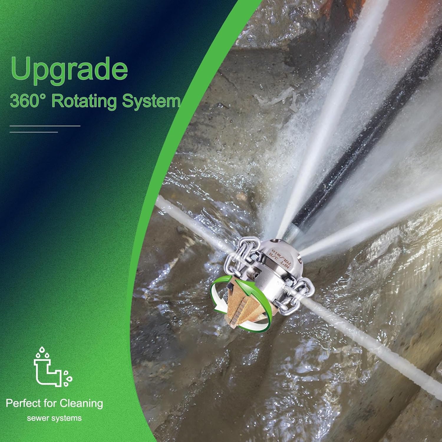 3/8 NPT Sewer Jetter Rotating Nozzle - Cutting Roots, for 2900 psi, 70L/Min (18.5GPM) Pressure Washers, Stainless Steel Drain Cleaning Tool, For household sewers, commercial pipelines