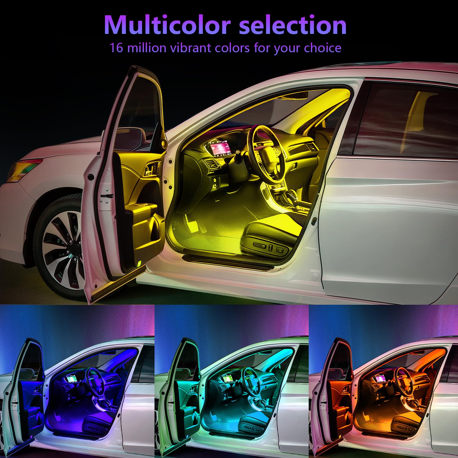Tiras de luz LED para coche con control de aplicación inteligente de 4 hilos, kit de 72 luces LED multicolor con sincronización de música para coches, camiones, SUV a través de encendedor de