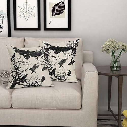 Miniatura 7 de Juego de 2 fundas de almohada de Halloween de 18 x 18 pulgadas, diseño de ramas de árbol de cuervo, color negro, para Halloween, exteriores,