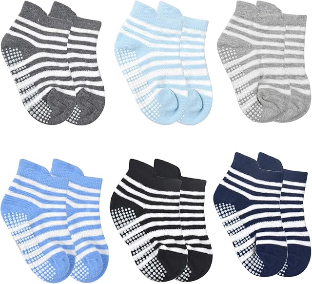 6 Pairs Low Cut Ankle Socks Kids No Show Socks Cotton, Toddler Grips Ankle Socks Non Slip Socks for Kids, Anti-Skid Floor Socks With Grips for Infants Kids Little Girls Boys (3-5 years old)