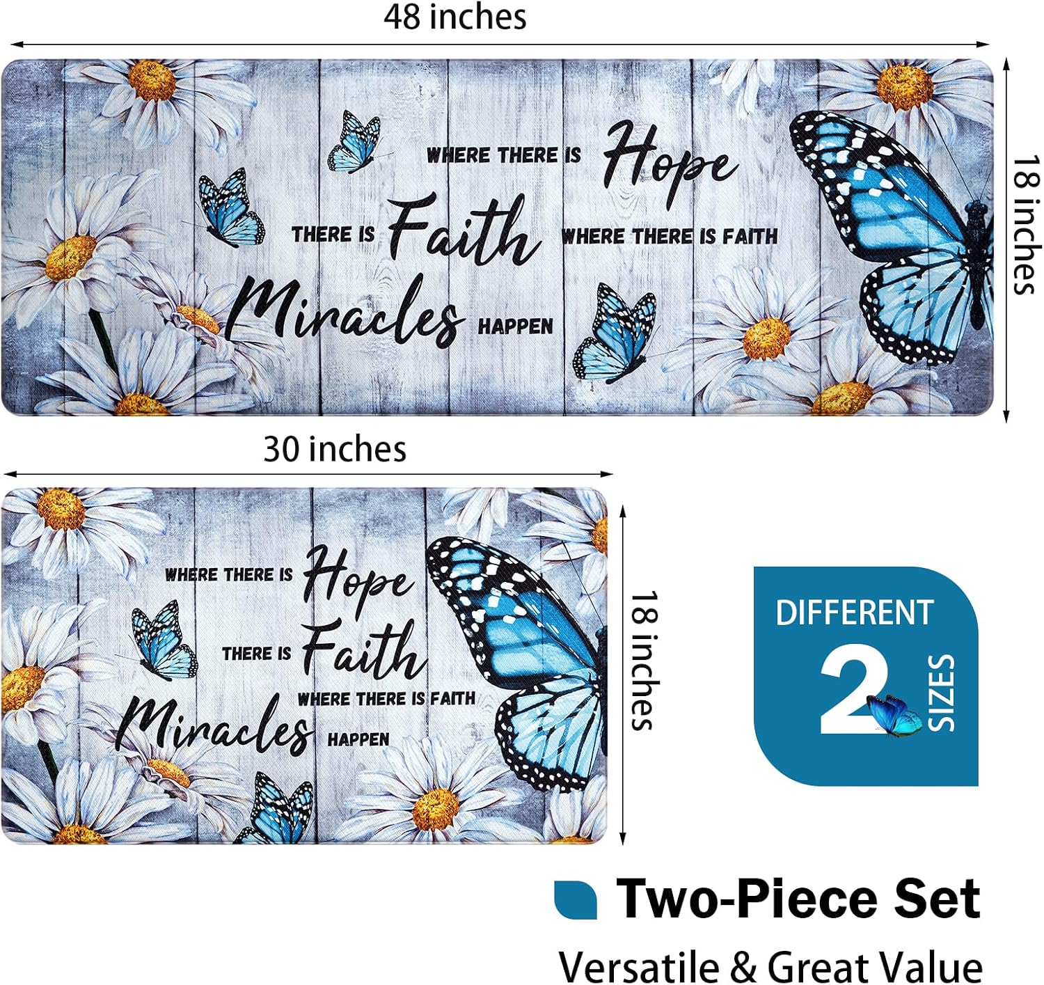 Likiyol Butterfly Floral Kitchen Rugs 2 Piece Farmhouse Kitchen Mats Cushioned Anti Fatigue, Non Slip Washable Kitchen Mats for Floor White Daisy Comfort Mat for Home Sink, 18'' x 30'' + 18'' x 48''