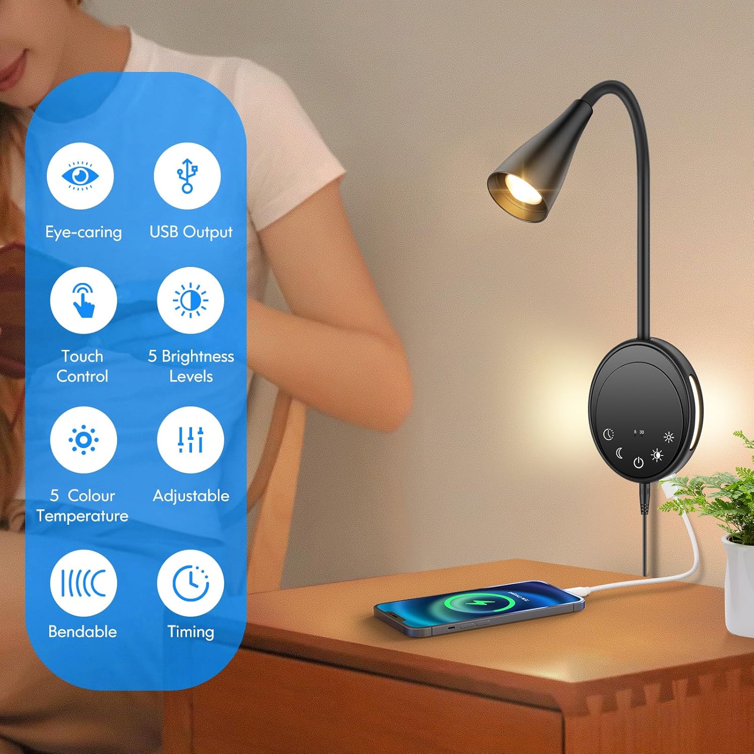 Wall Sconce Light Plug in, Wall Lamps USB Output 5 Color Dimmable Timer Touch Control, Bedside Reading Light, 360°Rotate Flexible Gooseneck Wall Lighting for Bedroom Living Room