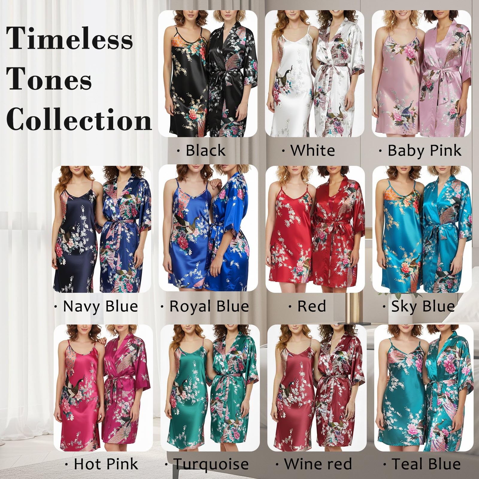 Trifolium Kimono Robe And Chemise Silky Peacock Satin Nightgown Bathrobe Wedding Negligee Nightdress — view 5