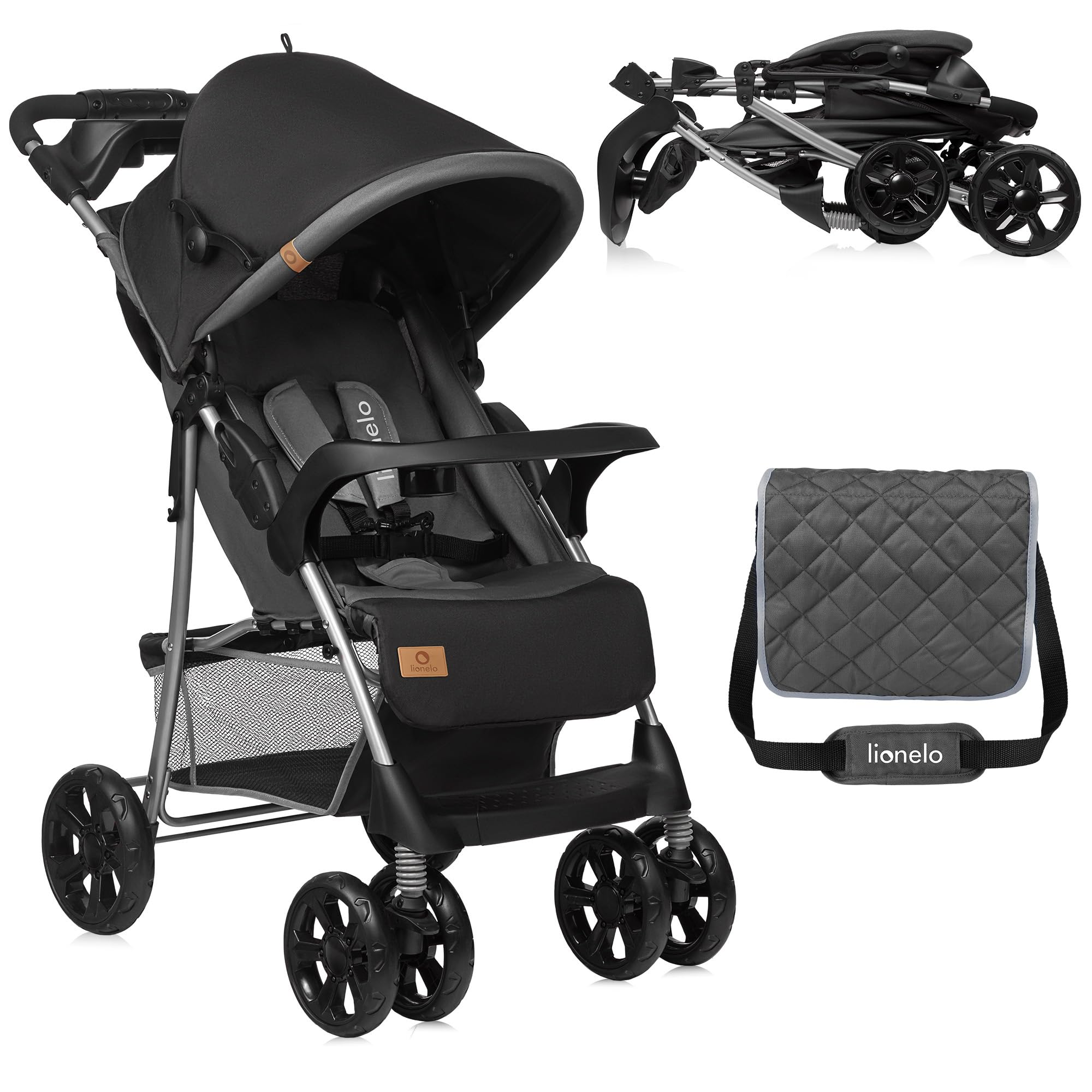LIONELO Emma Plus poussette bébé 15 kg harnais 5 points pliage rapide amortisseurs sac inclus matelas STONE