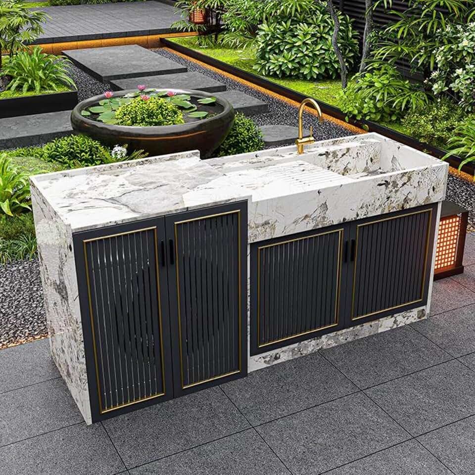 Outdoor Storage Cabinet - 67" Floor-Mount Outdoor Sink Cabinet with Stripe Cabinet Doors & Marble Texture, Kitchen Table with Integrated Sink & Large Enclosed Storage