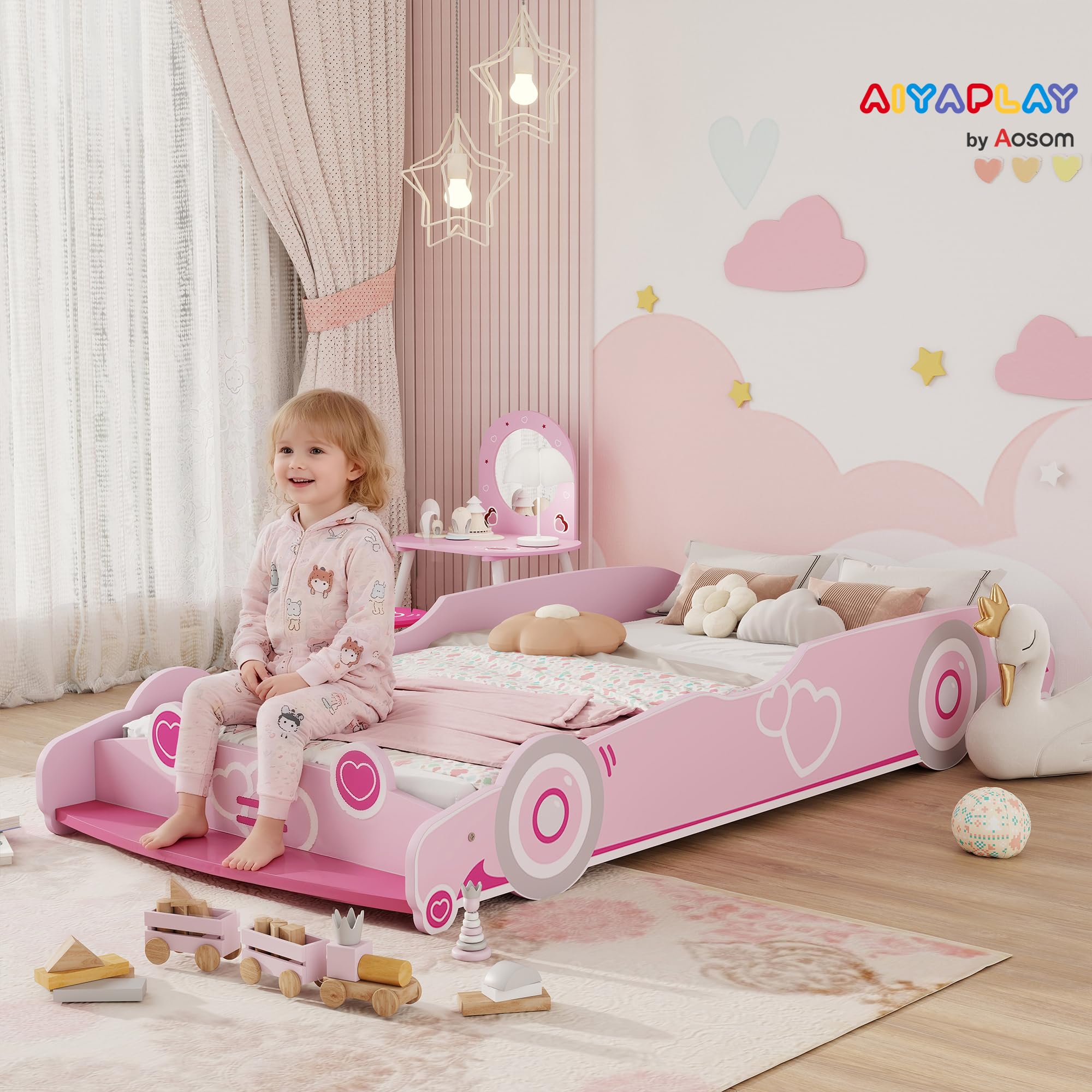 AIYAPLAY Letto per Bambini a Forma di Macchina, Lettino per Bambini da 3-5 Anni con Sponde Rialzate di Sicurezza, 140x70 cm, Rosa