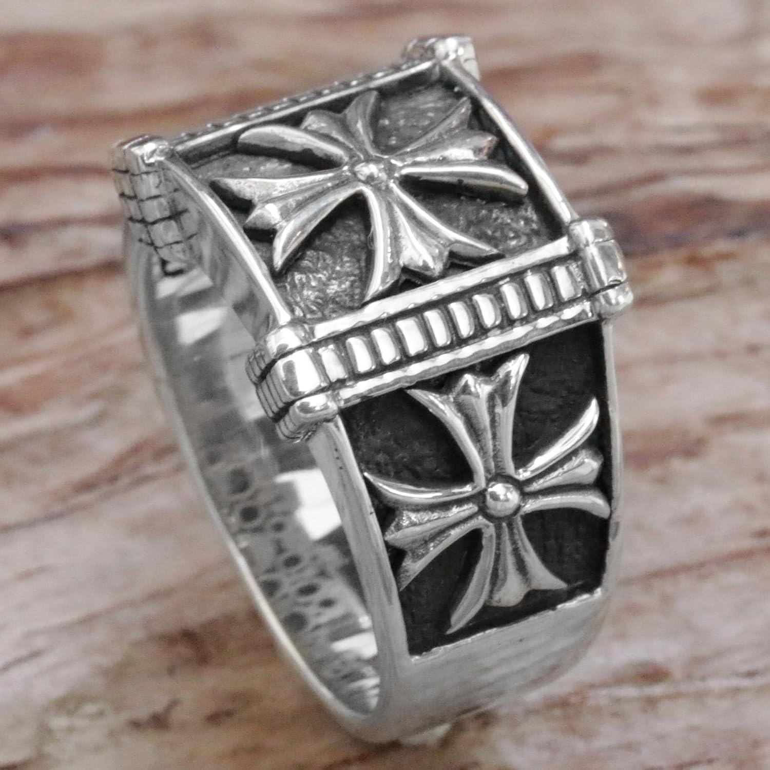 NOVICA Artisan Handmade Men's .925 Sterling Silver Ring Indonesian Engraved Band Cross 'Stallion Cross'