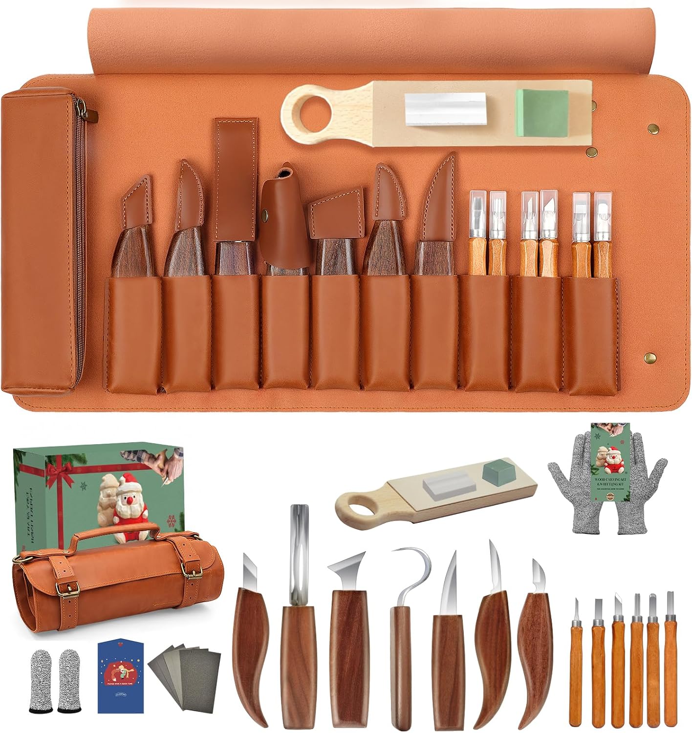 COZYGIFT Whittling Kit for Adult Beginners, 29Pc Wood Carving Tools Set: 7 Knives, 6 Detail Gouges, Solid Strop Board, Gloves & Video Guide. Hand Carving Knife Set for Spoon, Basswood, DIY Hobby Gift
