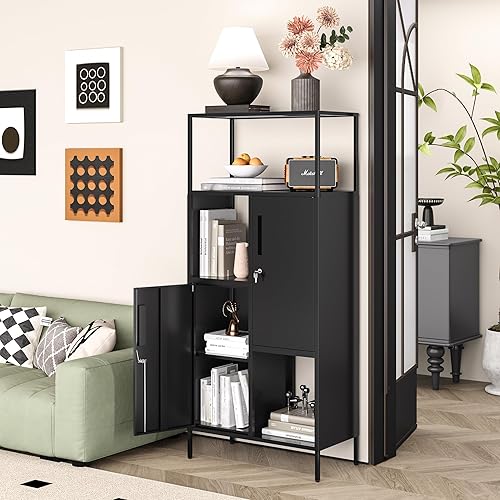 Miniatura 2 de LISSIMO Gabinete de almacenamiento de metal con estante de almacenamiento abierto, estante de almacenamiento negro con puertas dobles, armario de