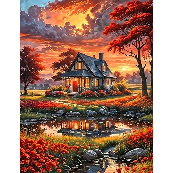 GLIDIAM 40 x 50 cm Diamond Painting Landscape Autumn Diamond Painting Pictures House by the Lake DIY Full Drill Crafts Adults Mosaic Embroidery Cross Stitch Gift for Wall Decoration Living Room