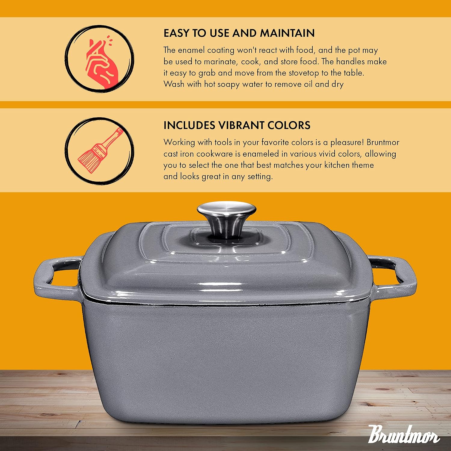 Enamel Cast Iron Dutch Oven Pot - Coated Cooking Pots Set with Lid - Casserole Square Braiser - Ideal for Cooking Delicious Dish - Essentials Cookware Set - Pan with Cover, 3.8-Quart (Grey)