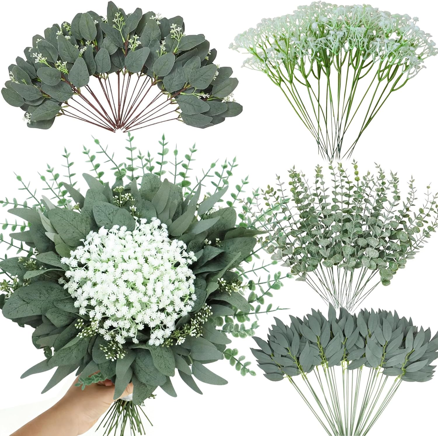 120 Pcs Mixed Artificial Eucalyptus Stems, 4 Kinds Babys Breath Flowers Artificial Bulk Faux Silver Dollar Eucalyptus Leaves Greenery Stems for Wedding DIY Bouquets Floral Vase Arrangement Home Decor